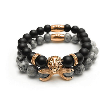 Man Bracelets - Men’s Beaded Bracelets - Rose Gold Lion with Black & Grey Stones Set - Mens Bracelet Bracelet XS (14-15cm) Brother & Sisters